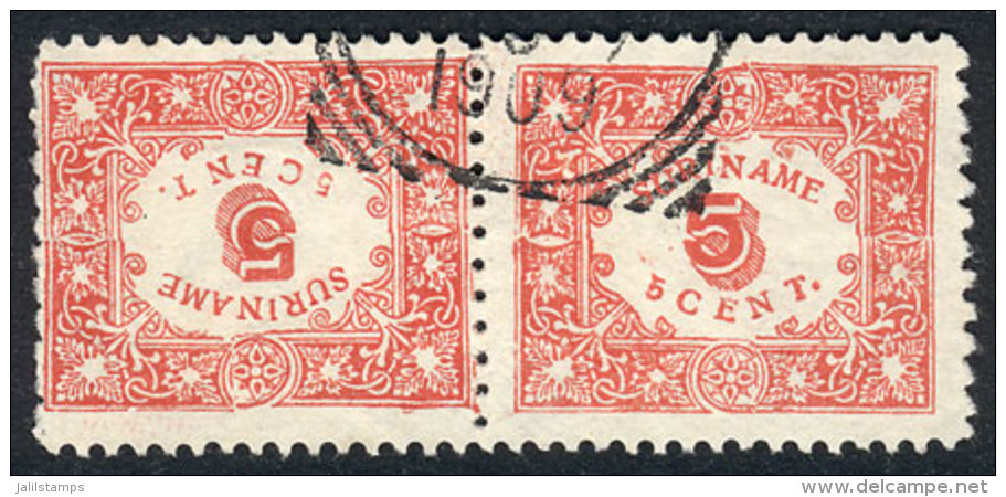 Yvert 58a, 1909 5c. Red Perforated, Pair Forming Tete-beche, Very Fine Quality, Rare, Catalog Value Euros 140. - Suriname