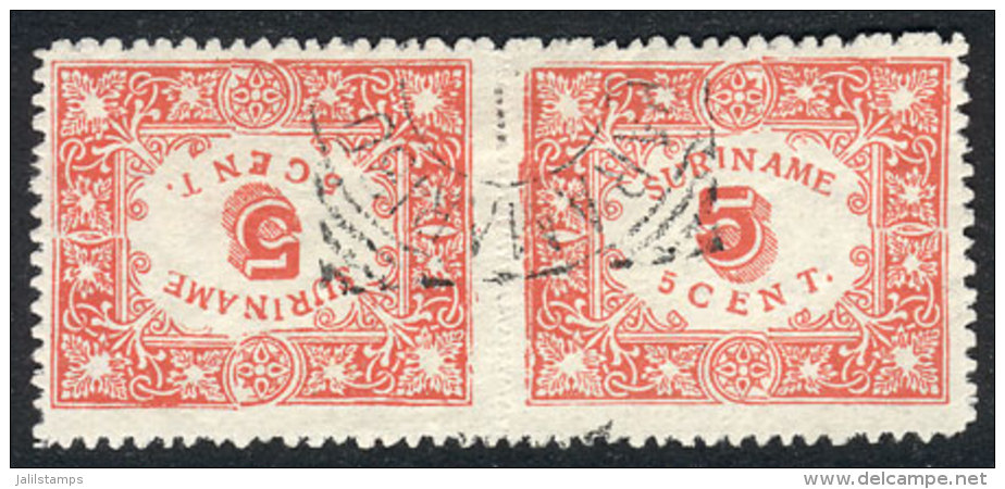 Yvert 58a, 1909 5c. Red Rouletted, Pair Forming Tete-beche, With Very Light Crease Otherwise Superb, Rare, Catalog... - Suriname