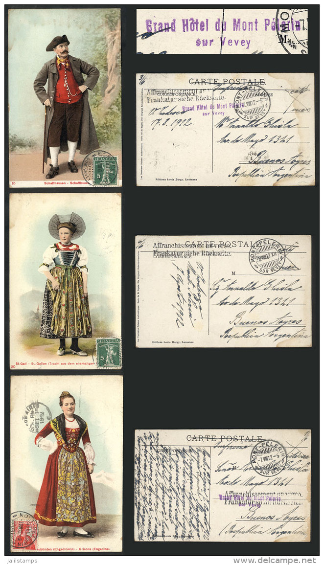 3 Beautiful Postcards (typical Costumes) Franked With 5c. (2) And 10c., And Sent From MONT-P&Eacute;LERIN To... - Andere & Zonder Classificatie