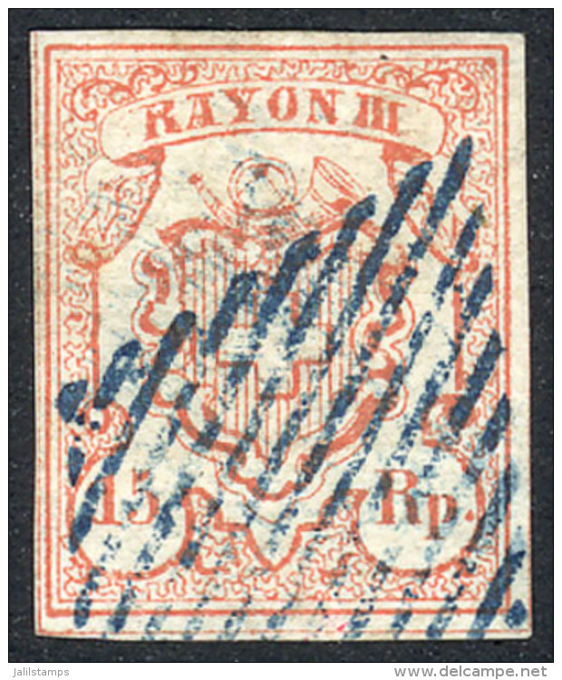 Yvert 22, 1852 RAYON III 15Rp. Red Type I, Mute Barred Cancel In Blue, VF Quality, Catalog Value Euros 625. - Other & Unclassified