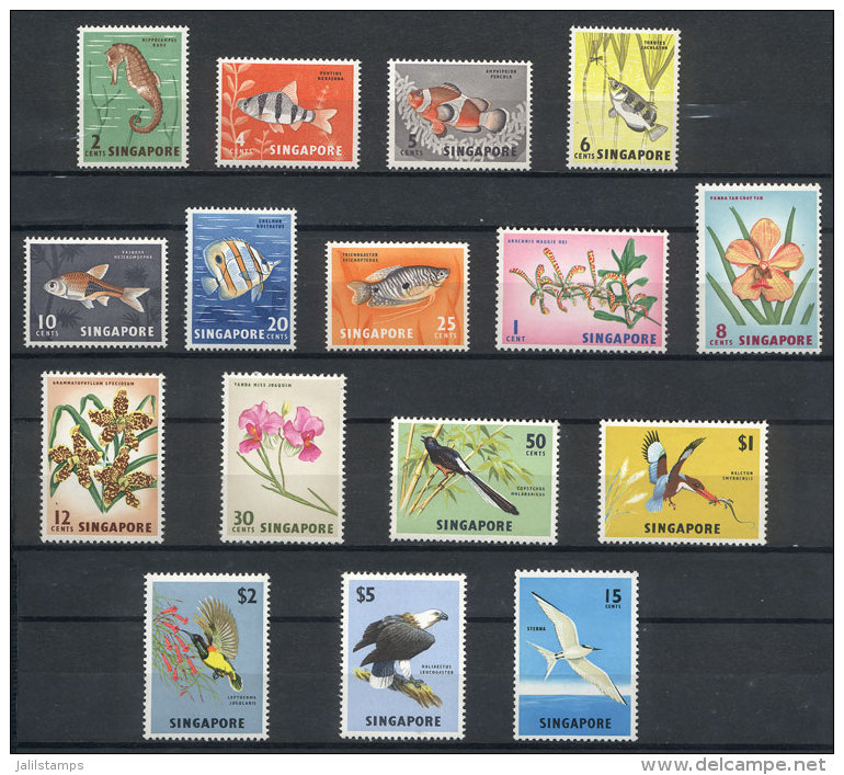 Sc.53/59 + 62/69 + 76, 1962/6 Fish, Birds And Flowers, Complete Set Of 16 Unmounted Values, Excellent Quality. - Singapore (1959-...)