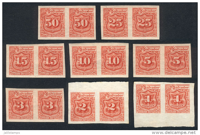 Postage Due Stamps Yv.9-16, 1896 Complete Set Of 8 Values, IMPERFORATE PAIRS, VF Quality (2 Without Gum, The Rest... - El Salvador