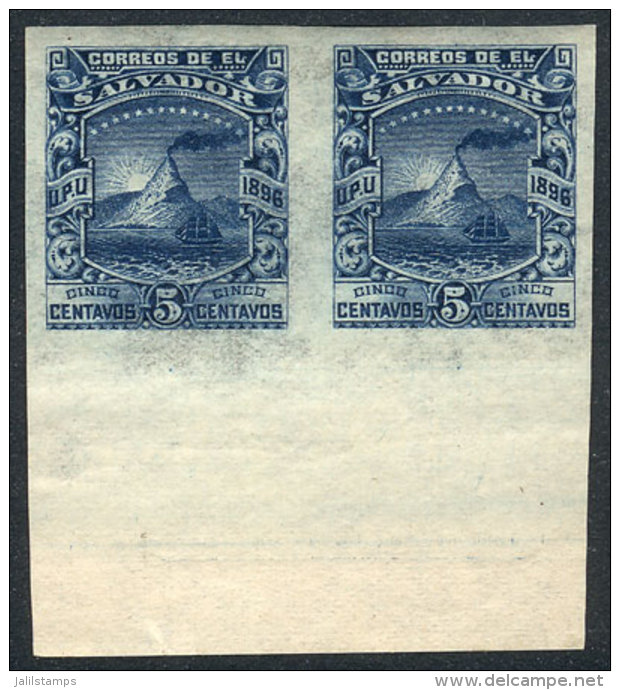 Yv.135B, 1896 San Miguel Volcano 5c. W/o Watermark, IMPERFORATE PAIR, VF! - El Salvador