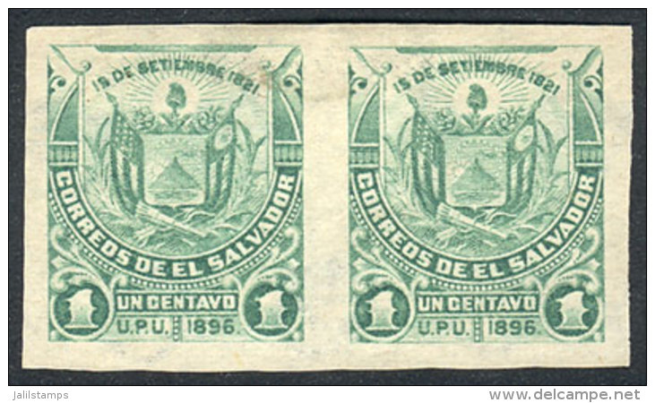 Yv.132A, 1896 Coat Of Arms 1c. With Watermark, IMPERFORATE PAIR, VF! - El Salvador