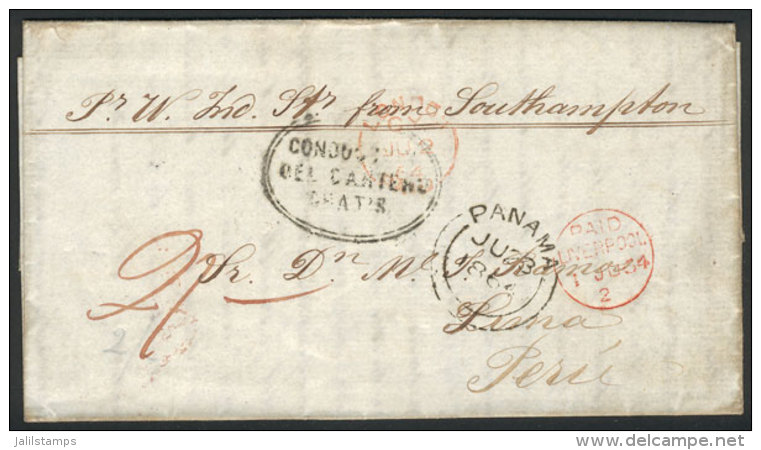 Entire Letter Sent Stampless From Liverpool To Lima On 1/JUN/1864, With Manuscrip "2/" Due Mark, Red "PAID... - Peru