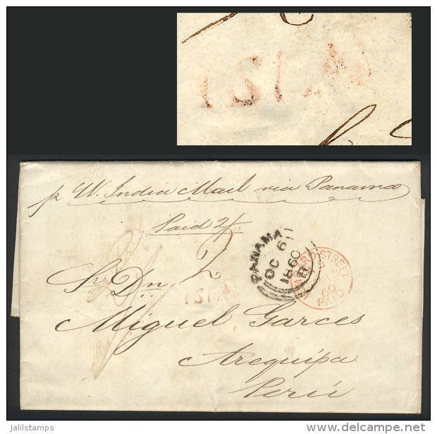 Entire Letter Dated London 15/SE/1860 And Sent Stampless To Arequipa, With Manuscrip "2/" Due Mark, Red... - Peru