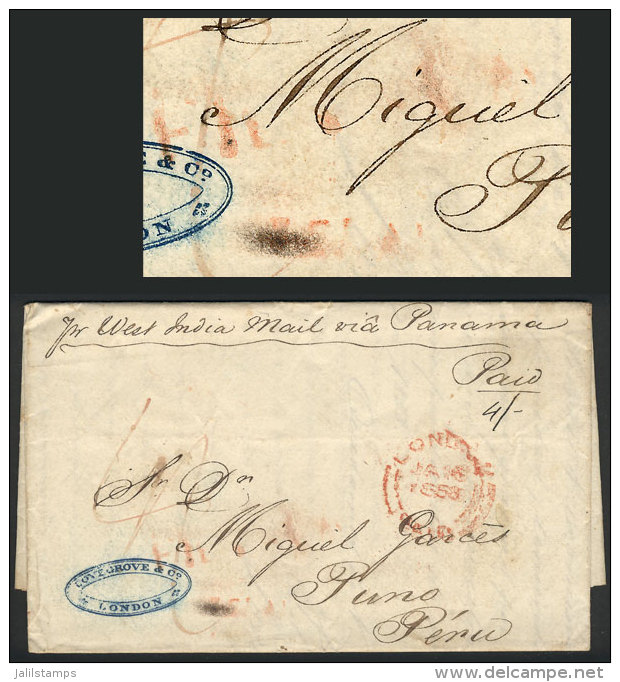 Entire Letter Sent Stampless From London To Puno On 16/JA/1858, With Manuscript "4/" Due Mark, "Paid 4/" At Top... - Peru