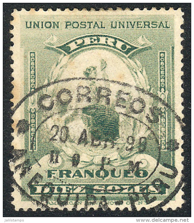 Sc.159 (Yvert 125), 1899 10S. Blue-green, Used, Excellent Quality, Very Rare. Yvert Catalog Value Euros 775. - Peru