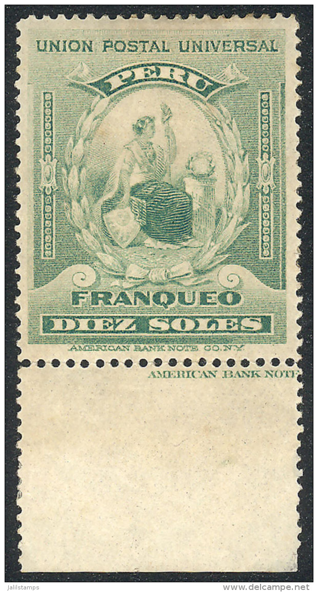 Sc.159 (Yvert 125), 1899 10S. Blue-green, Mint With Sheet Margin At Bottom, Very Fine Quality, Very Rare. Yvert... - Pérou