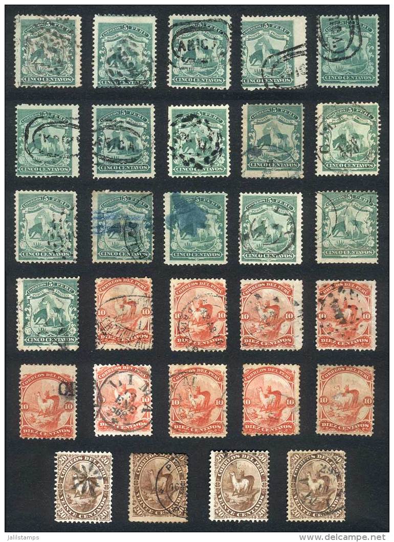 Sc.16/18, 1866/7 Llamas, Lot Of Used Examples With Interesting Cancels Such As Arica, Mute Cancels Of Various... - Peru