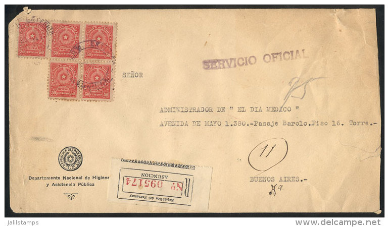 Official Cover Franked With 5x 50c. (Sc.O90) And Sent By Registered Mail To Argentina In August 1929, Fine Quality,... - Paraguay