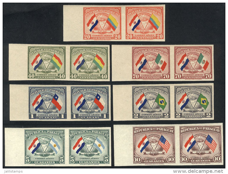 Sc.C147/C153, 1945 Flags Of Paraguay And Other Countries, Cmpl. Set Of 7 IMPERFORATE PAIRS, Excellent Quality,... - Paraguay