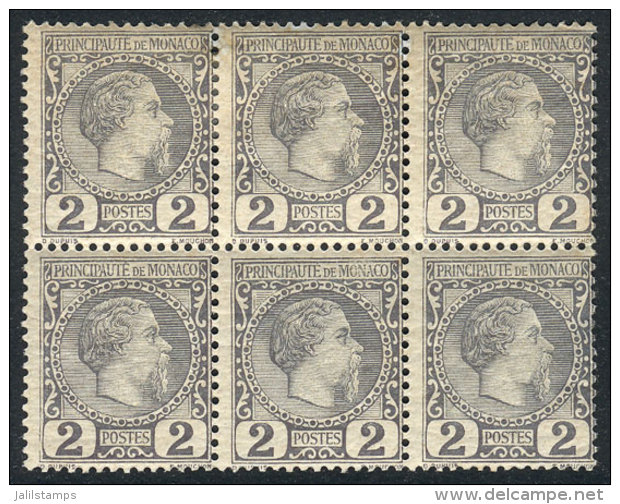 Yvert 2, 1885 Prince Charles III 2c. Gray, Spectacular MINT BLOCK OF 6, Including 3 MNH Stamps, 2 Hinged And One... - Other & Unclassified