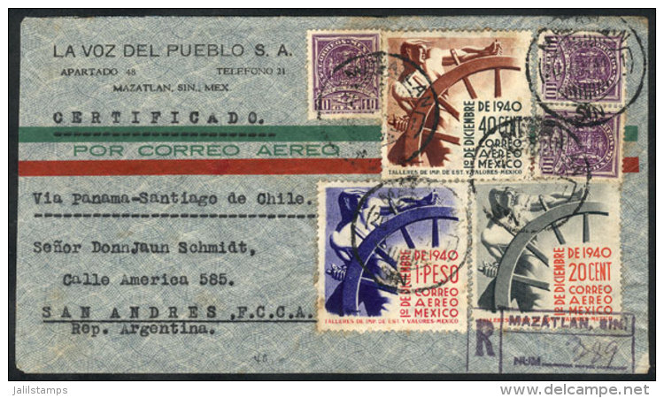 Registered Airmail Cover Sent From Mazatlan To Argentina On 20/MAR/1941 With Very Nice Postage! - Mexique