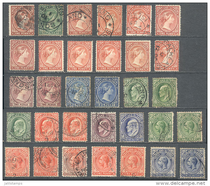 Stockcard With 32 Old Stamps, Most Used. There Are Some Attractive Cancels, And Also Varied Shades And Colors, Very... - Falkland Islands