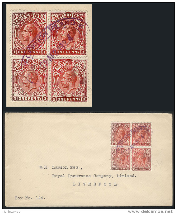 Cover Sent To Liverpool On 22/AP/1924, Franked With 2 Pairs Of 1p. Red George V, With Violet Oval Cancel Of... - Islas Malvinas