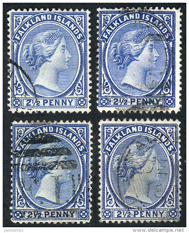 Sc.15 + Other Values, 1891/1902 2&frac12;p., 4 Used Examples, Varied Cancels And Color Shades, VF! - Falkland Islands