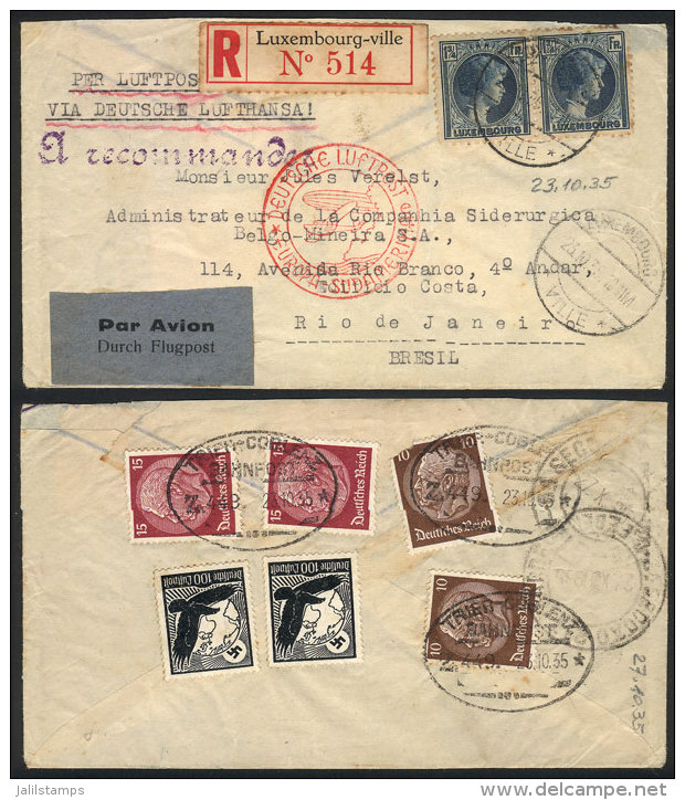 Registered Airmail Cover Sent To Rio De Janeiro On 23/OC/1935 By Germany DLH, Franked On Front With 3.50Fr. And On... - Other & Unclassified