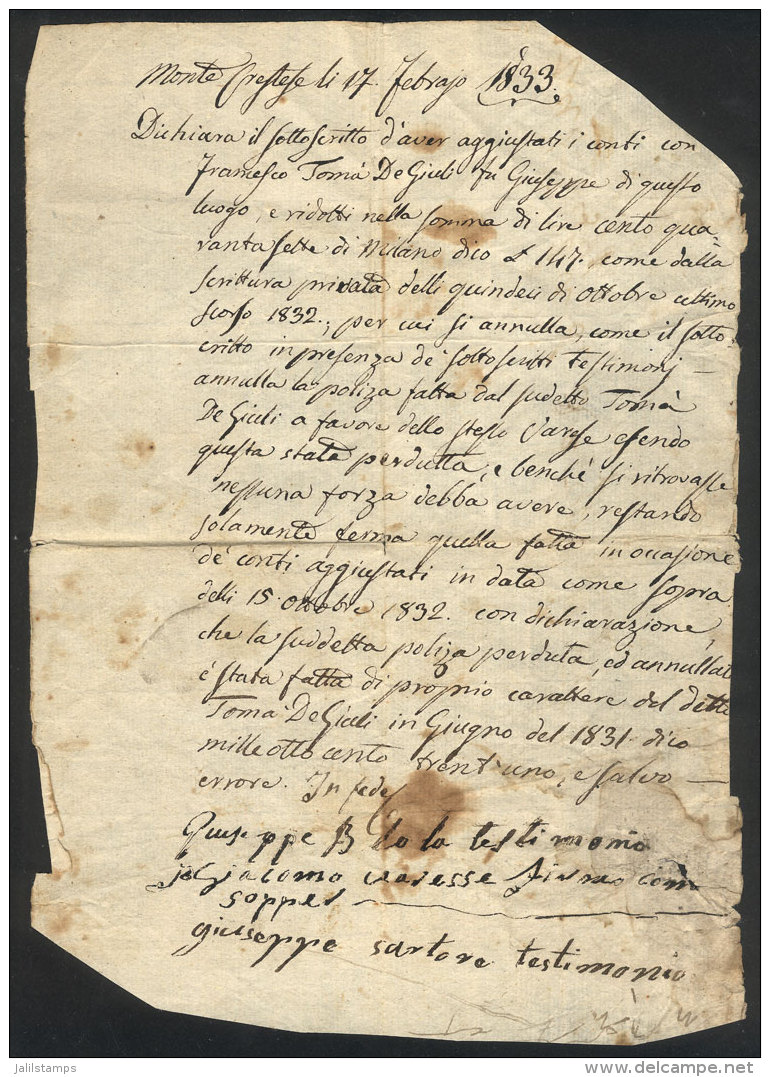 Hand-written Document Of The Year 1833 Related To A Resident Of Montecrestese, Interesting! - Non Classificati