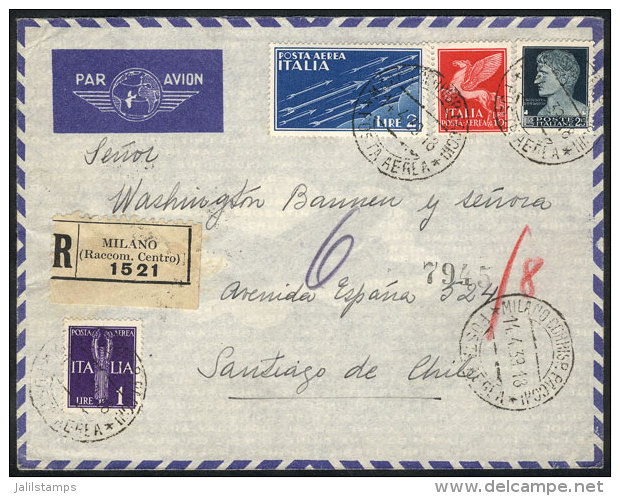 Registered Airmail Cover Sent From Milano To Santiago De Chile On 14/AP/1939, Franked By Sc.230 (Sa.260) + Other... - Sin Clasificación