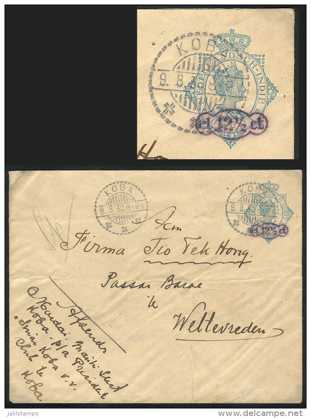 Stationery Envelope Surcharged 12&frac12;c. On 20c., Sent From KOBA To Weltevreden On 9/AU/1930, Interesting! - Netherlands Indies