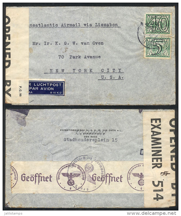 Airmail Cover Sent From Den Haag To New York In OC/1941 Franked With 45c. And Double Nazi + Allied Censorship,... - Brieven En Documenten