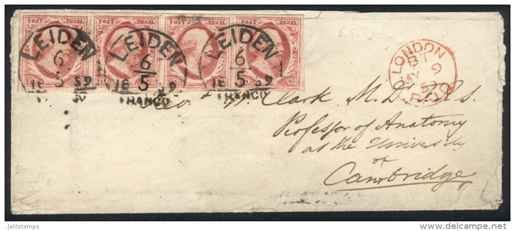 Cover Sent From Leiden To Cambridge On 6/MAY/1859, Franking With Strip X4 Of Sc.2, On Front Transit Mark Of London,... - Covers & Documents