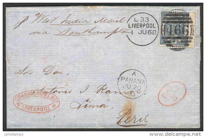 Entire Letter Sent From Liverpool To Lima On 1/JUN/1868 Franked With Sc.55 With Duplex Cancel "466", Panam&aacute;... - Other & Unclassified