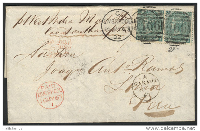 Entire Letter Sent From Liverpool To Lima On 16/MAY/1867 Franked With Pair Sc.48 And Duplex Cancel "466", "Paid... - Andere & Zonder Classificatie