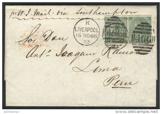 Entire Letter Sent From Liverpool To Lima On 15/NO/1866 Franked With Pair Sc.48 And Duplex Cancel "466", With... - Other & Unclassified