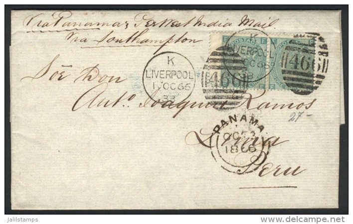 Entire Letter Sent From Liverpool To Lima On 1/OC/1866 Franked With Pair Sc.48 And Duplex Cancel "466",... - Sonstige & Ohne Zuordnung