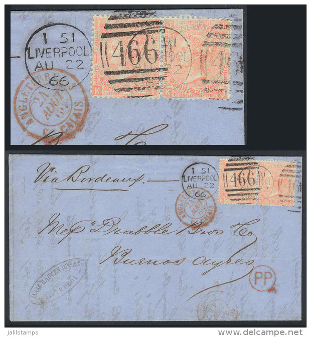 Entire Letter Sent From Liverpool To Buenos Aires (via Bordeaux) On 22/AU/1866, Franked With Pair Sc.43a (plate 7),... - Sonstige & Ohne Zuordnung