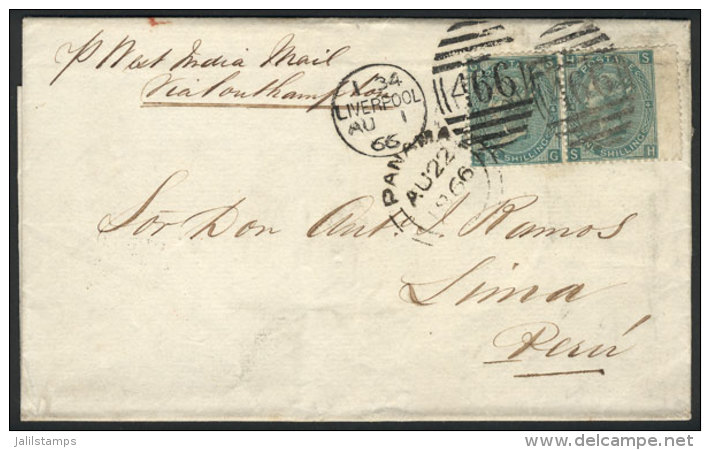 Entire Letter Sent From Liverpool To Lima On 1/AU/1866 Franked With Pair Sc.48 And Duplex Cancel "466", With... - Other & Unclassified