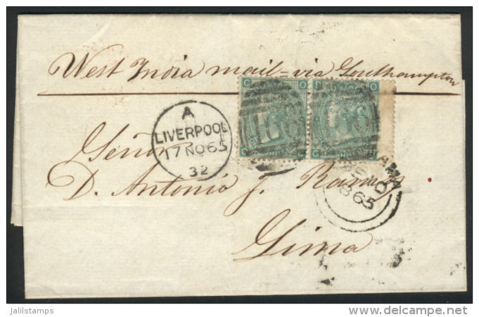 Entire Letter Sent From Liverpool To Lima On 17/NO/1865 Franked With Pair Sc.48 And Duplex Cancel "466", With... - Otros & Sin Clasificación