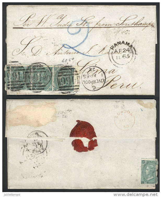 Entire Letter Sent From Liverpool To Lima On 1/AP/1865 Franked With Strip Of 4 Of Sc.48 (the Left Stamp Folded Over... - Sonstige & Ohne Zuordnung