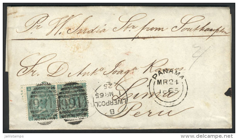 Entire Letter Sent From Liverpool To Lima On 1/MAR/1865 Franked With Pair Sc.48 And Duplex Cancel "466", With... - Other & Unclassified