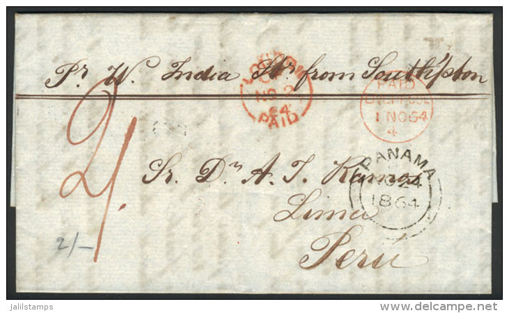 Entire Letter Sent From Liverpool To Lima On 1/NO/1864, With Manuscrip "2/" Due Mark, "PAID LIVERPOOL" In Red,... - Andere & Zonder Classificatie