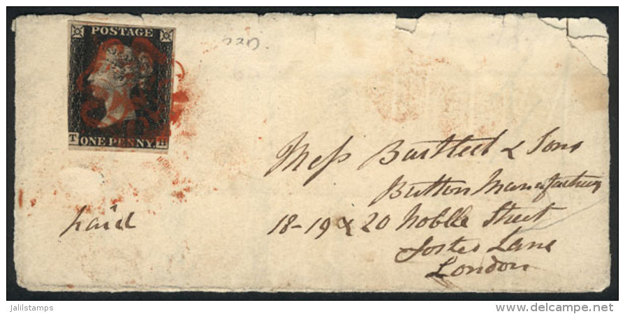 Sc.1, 1840 1p. Black, The World's First Postage Stamp Franking A Front Of Folded Cover Sent To London, With Red... - Other & Unclassified