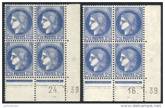 Yvert 374, 1938 Ceres 2.25Fr. Ultramarine, 2 MNH Blocks Of 4 In Different Shades (one With Tiny Hinge Marks In The... - Andere & Zonder Classificatie