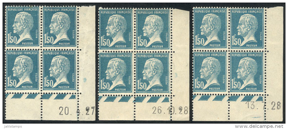 Yvert 181, 1923 Pasteur 1.50Fr., 3 Corner Blocks Of 4 With Date, MNH, With Small Hinge Mark In The Sheet Margin... - Other & Unclassified