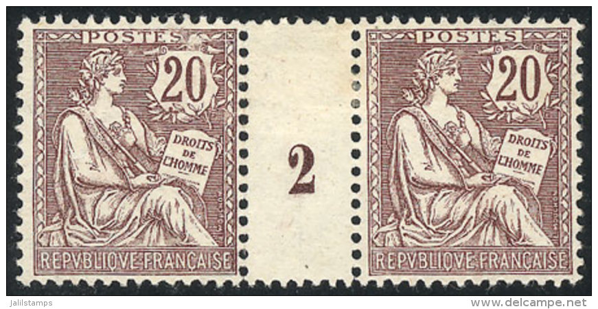 Yvert 126, 1902 20c. Chestnut-violet, Pair With Gutter Numbered "2", Mint Without Gum, VF. The Catalog Value Of 2... - Otros & Sin Clasificación