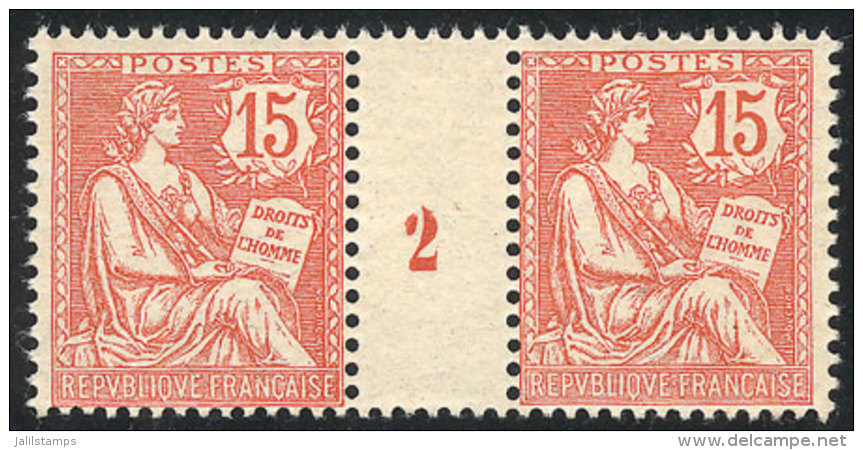 Yvert 125, 1902 15c. Vermilion, Pair With Gutter Numbered "2", MNH, VF. The Catalog Value Of 2 MNH Stamps Is Euros... - Other & Unclassified