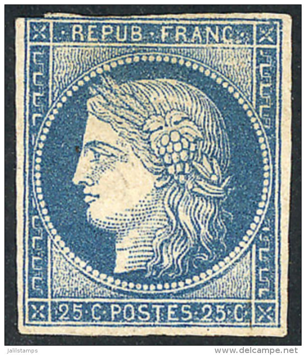 Yvert 4, 1850 25c. Blue, Mint Without Gum, With 3 Ample Margins And One Partially Good, Handsome, Rare, Catalog... - Other & Unclassified