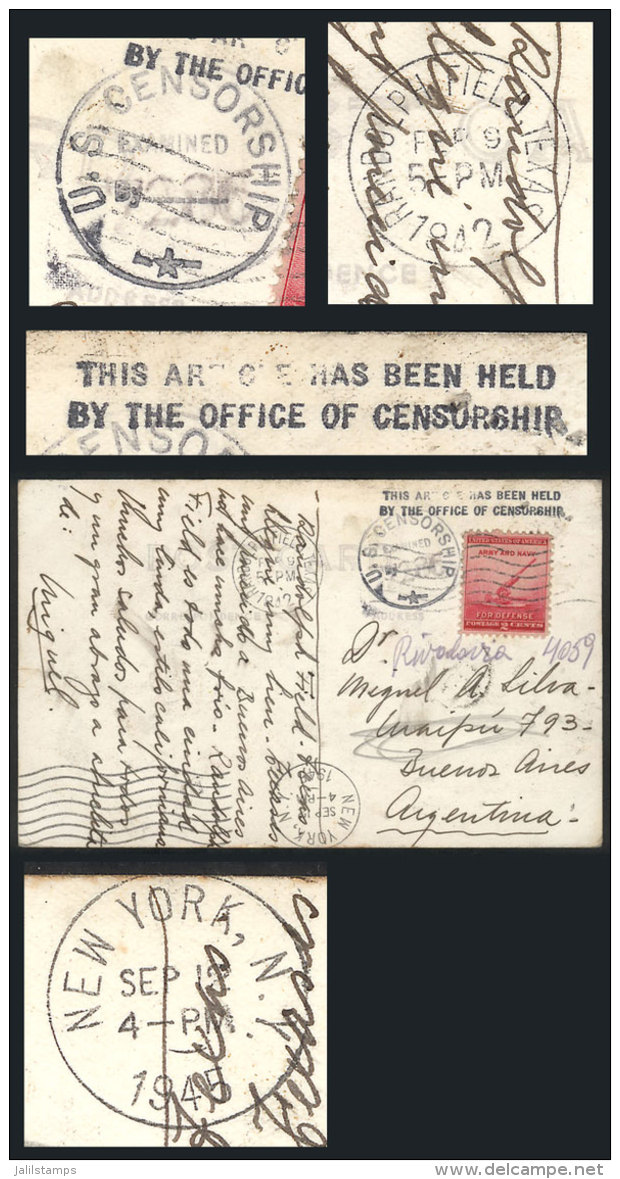 MAIL HELD BY OFFICE OF CENSORSHIP For More Than 3 Years!!: PC Sent From Randolph Field (Texas) To Buenos Aires On... - Postal History