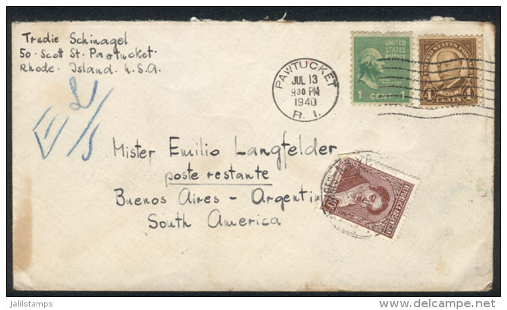 Cover Sent From Rhode Island To Poste Restante (Buenos Aires) On 13/JUL/1940, With Argentina Stamp Of 10c. To Pay... - Postal History