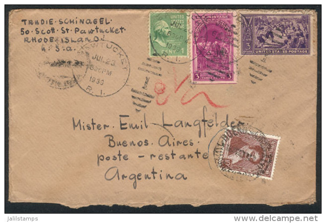 Cover Sent From Rhode Island To Poste Restante (Buenos Aires) On 20/JUL/1939, With Argentina Stamp Of 10c. To Pay... - Marcofilia