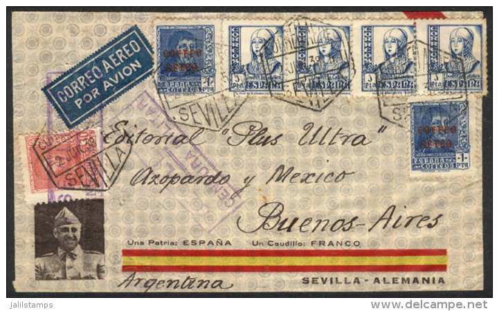Airmail Cover Sent From Sevilla To Argentina On 2/JUN/1939 With Good Postage Of 6.30Pts., VF Quality! - Otros & Sin Clasificación