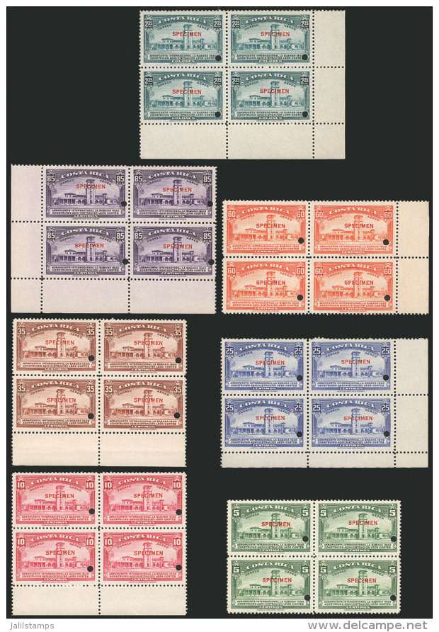 Sc.C39/45, 1940 La Sabana Airport, Compl. Set Of 7 Values In BLOCKS OF 4 With SPECIMEN Overprint And Punch Hole,... - Costa Rica