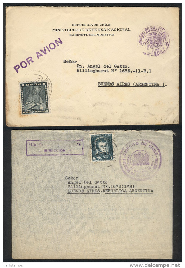 2 Official Envelopes Sent To Argentina In 1952 And 1953 Franked With Definitive Stamps Of 1P. To Pay The Airmail... - Chili