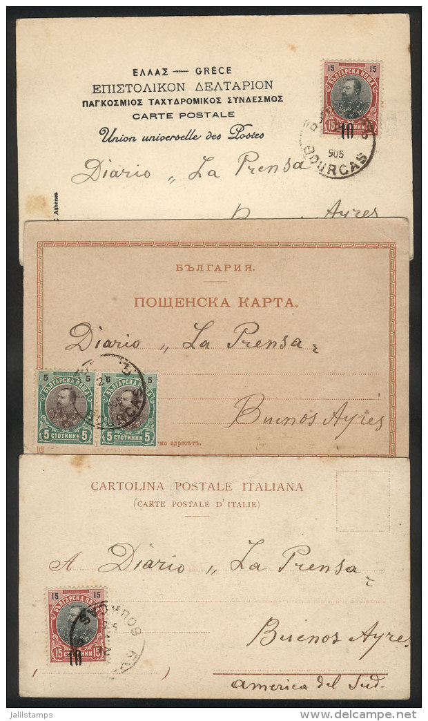 3 PCs Sent In 1906 From BOURCAS To Argentina Franked With 10s. (Sc.60 In Pair Or Sc.73), Fine To VF Quality, RARE... - Sonstige & Ohne Zuordnung